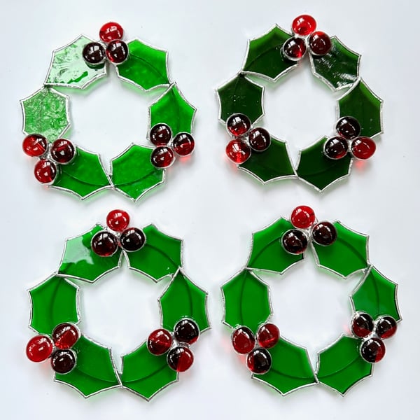 Holly Wreath Stained Glass Christmas Decoration - Handmade Window Decoration