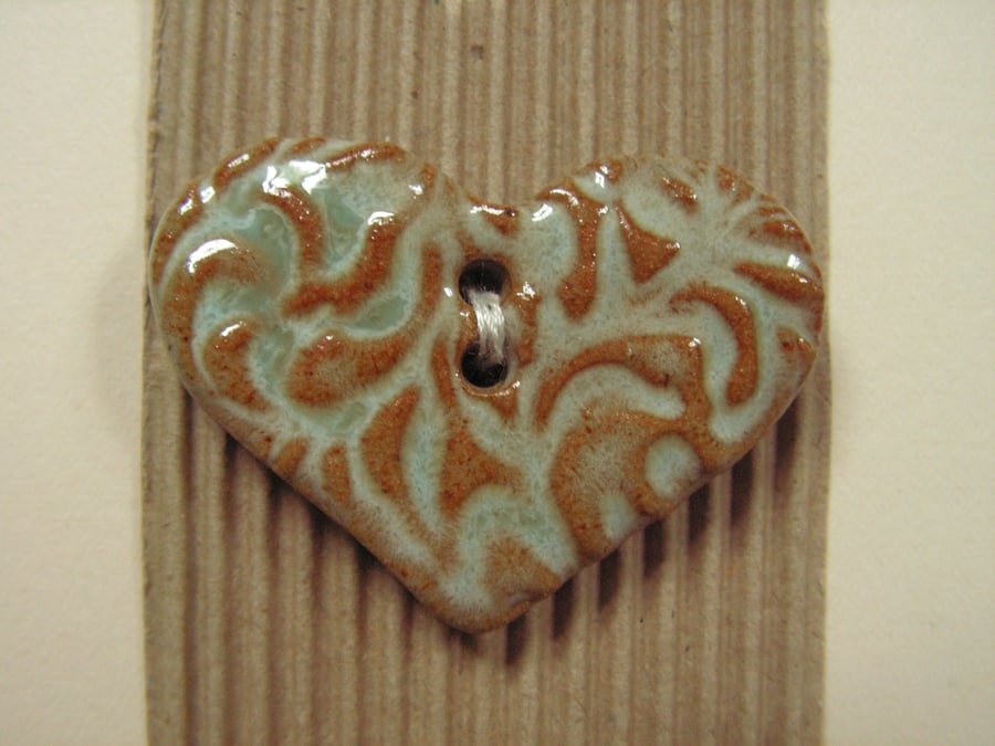 1 ceramic brown and turquoise heart button