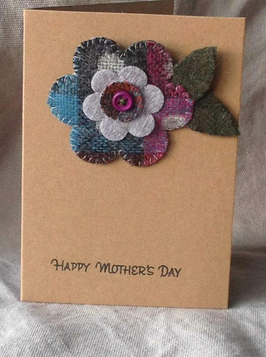 Mothers Day card with detachable hand made tweed brooch