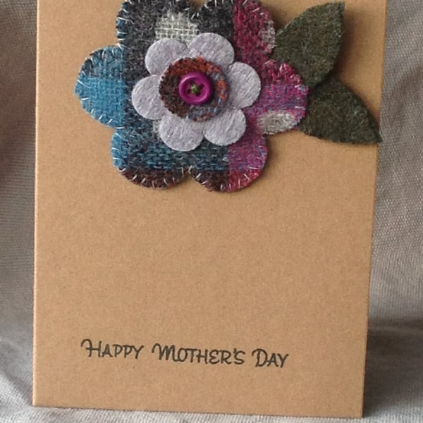 Mothers Day card with detachable hand made tweed brooch