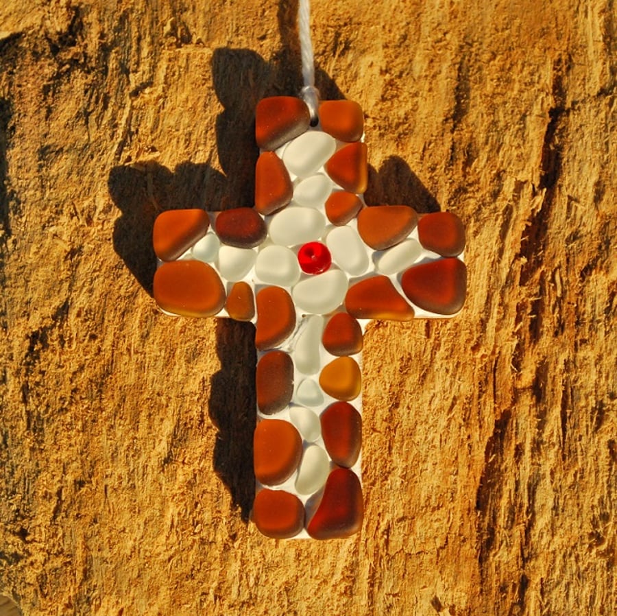 Small beach glass cross mosaic