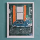 Bed Thief- risograph print of an original limited edition linocut print - A3