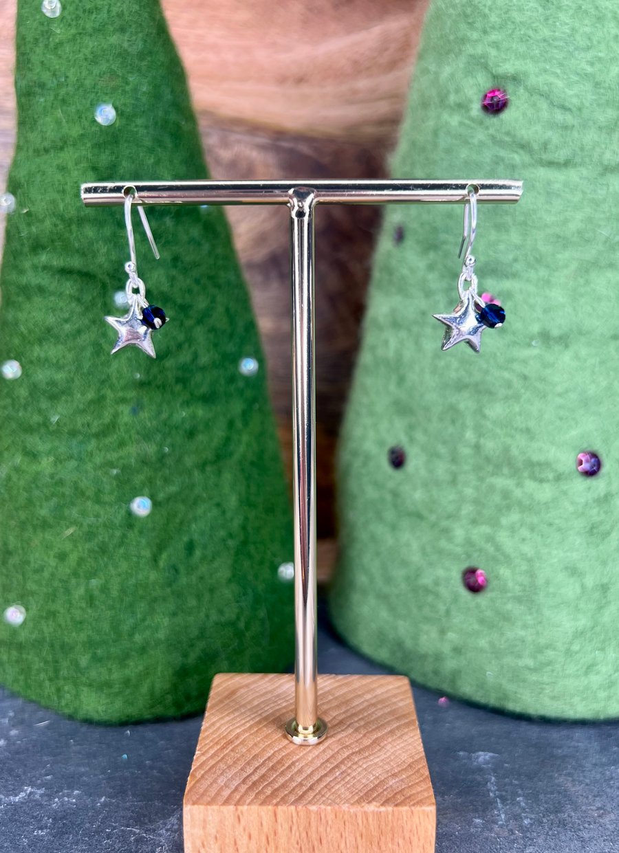 Hand Cast Small Silver Star Dropper Earrings with Indigo Swarovski Beads