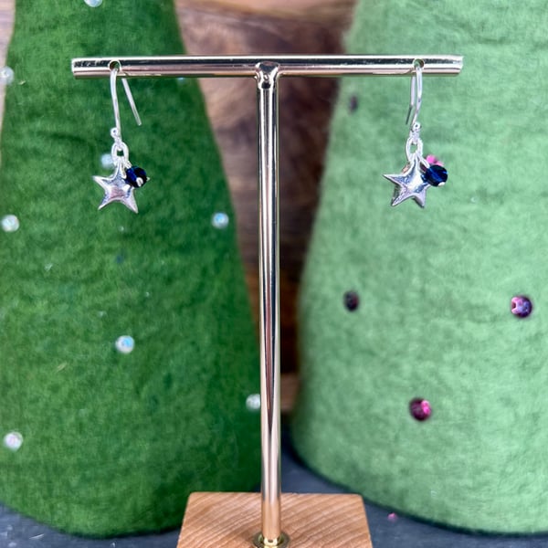Hand Cast Small Silver Star Dropper Earrings with Indigo Swarovski Beads