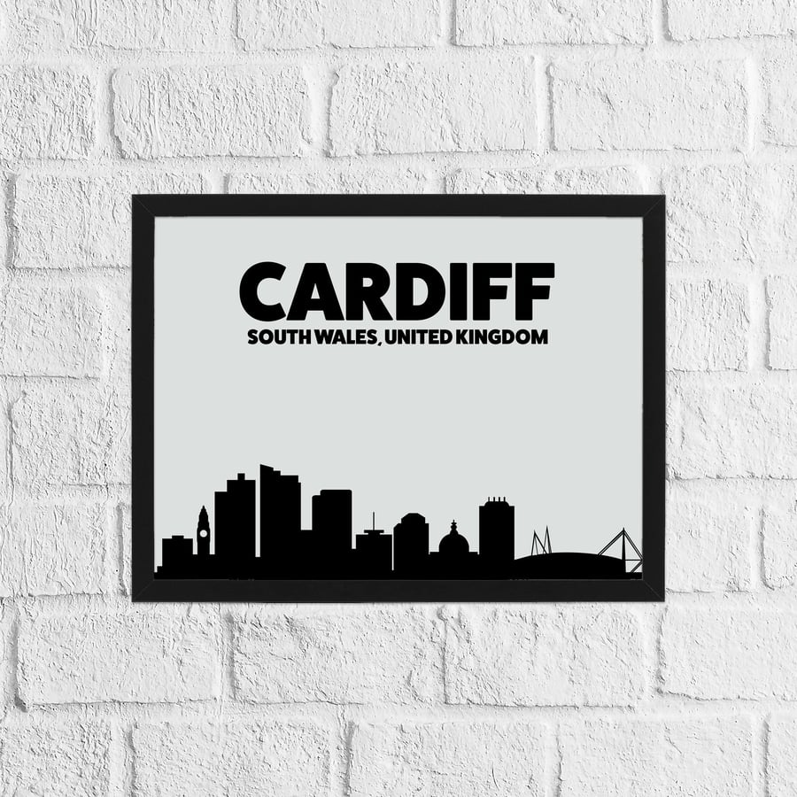 Skyline silhouette of Cardiff, Wales, UK, grey and black print, wall art