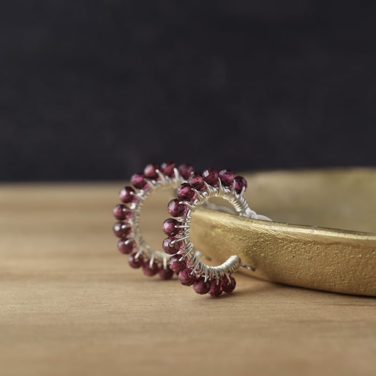 Rhodolite Garnet Hoop Earrings in Sterling Silver – Handmade Gemstone Jewellery