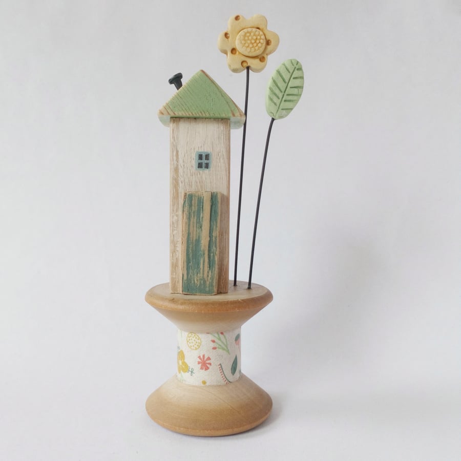 SALE-Large oak wood house and clay flower on a vintage bobbin