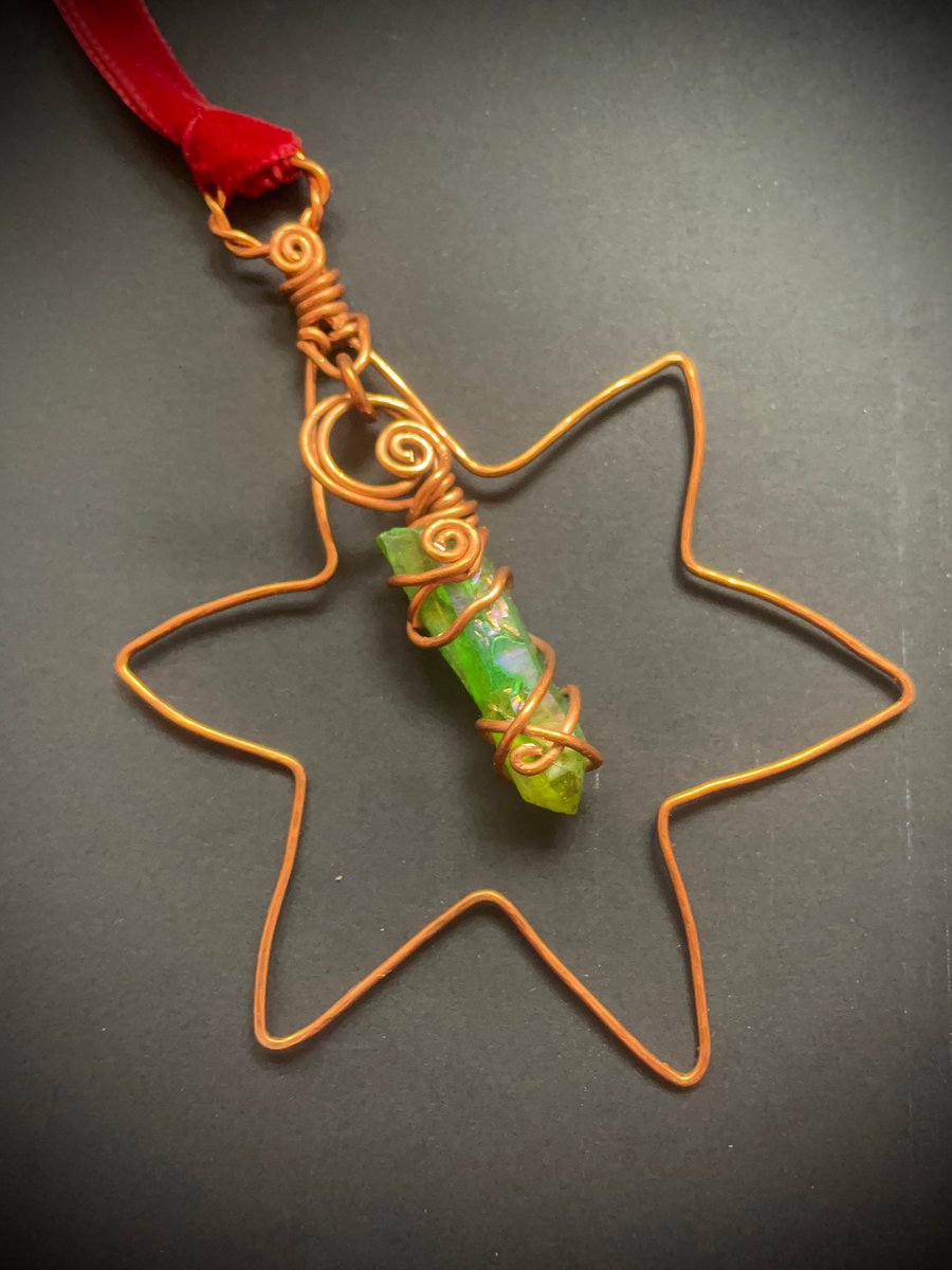 Six point Copper Star, with Green Aurora Crystal wire wrapped dropper 