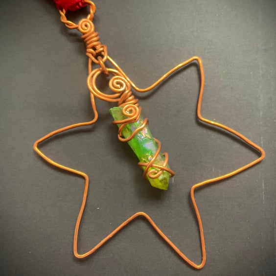 Six point Copper Star, with Green Aurora Crystal wire wrapped dropper 