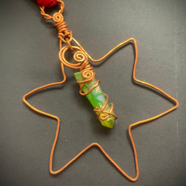 Six point Copper Star, with Green Aurora Crystal wire wrapped dropper 