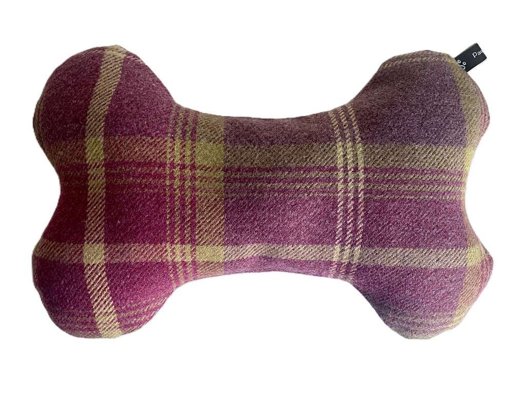 Bone Shaped Dog Cushion, Balmoral Amethyst weed effect fabric, soft wool feel