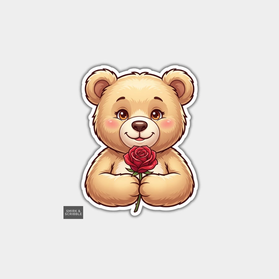 Funny Vinyl Die Cut Sticker For Adults - Cute Teddy Bear With Rose