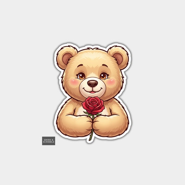 Funny Vinyl Die Cut Sticker For Adults - Cute Teddy Bear With Rose