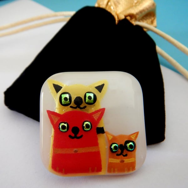 Handmade Fused Glass 'Cats' Brooch