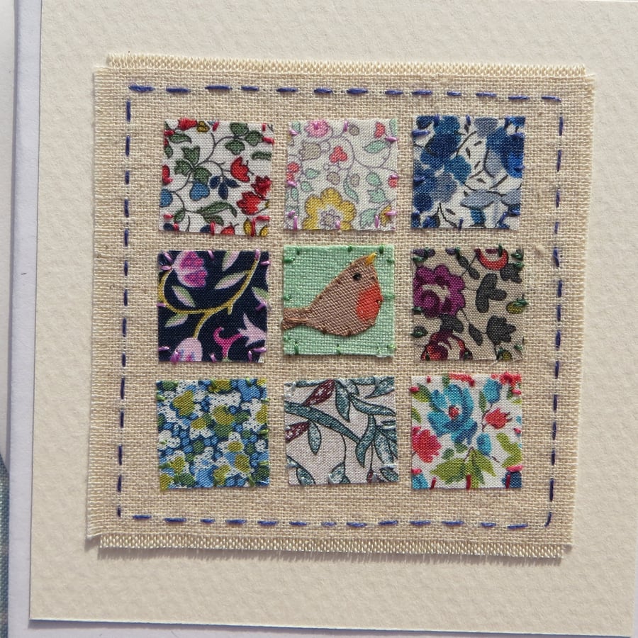 Robin Patchwork hand-stitched card with Liberty fabrics and tiny robin!