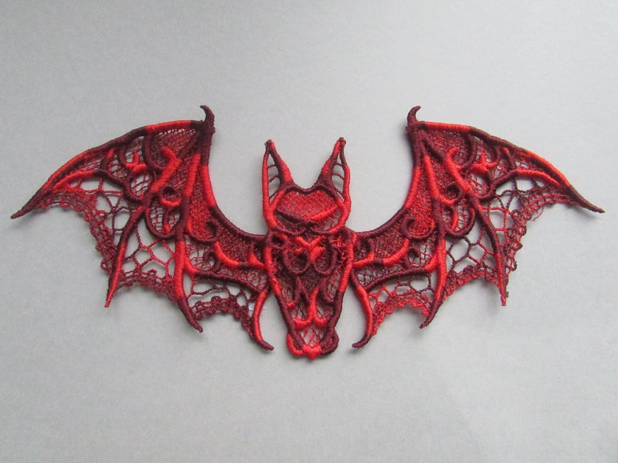 Embroidered Varigated Red Bat Lace Applique with moving parts