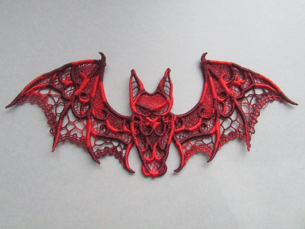 Embroidered Varigated Red Bat Lace Applique with moving parts