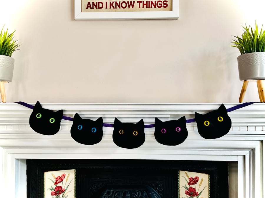 Halloween Hand crafted felt black cat bunting