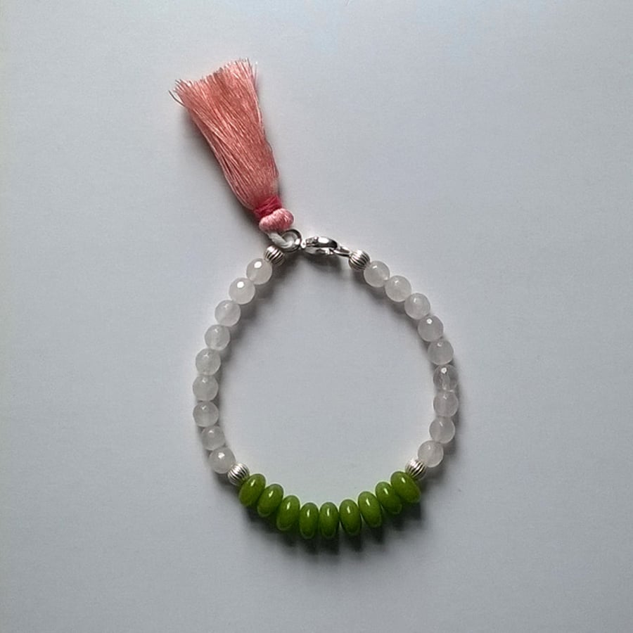 Rose Quartz and Apple Green Jade Bracelet with Tassel - Handmade Jewellery