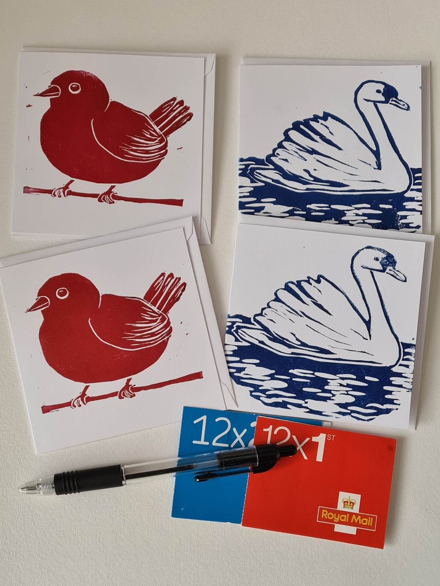 Multipack 4 notecards handprinted bird designs gift idea