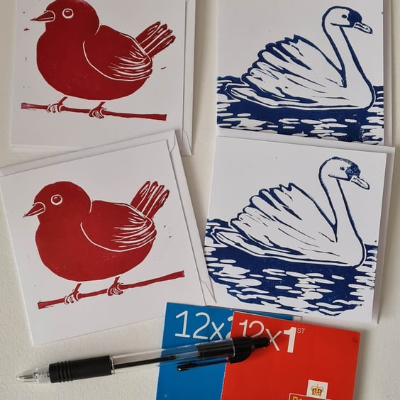Multipack 4 notecards handprinted bird designs gift idea
