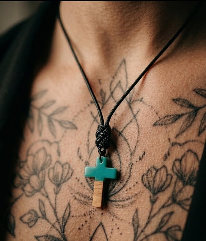 Minimalist Turquoise & Wood Effect Cross Necklace - Ritual-Craft Talisman
