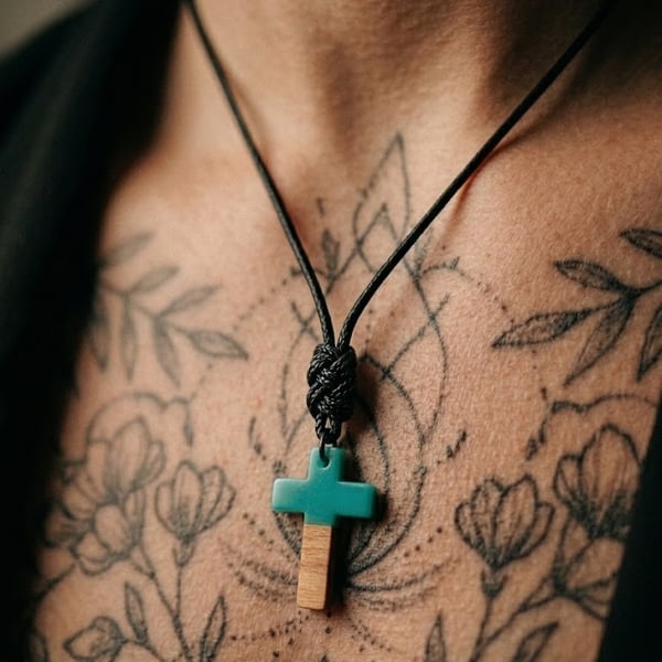 Minimalist Turquoise & Wood Effect Cross Necklace - Ritual-Craft Talisman