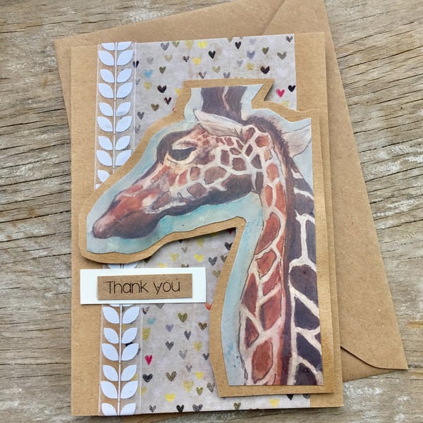 handmade recycled paper card (item no 228) thank you, giraffe