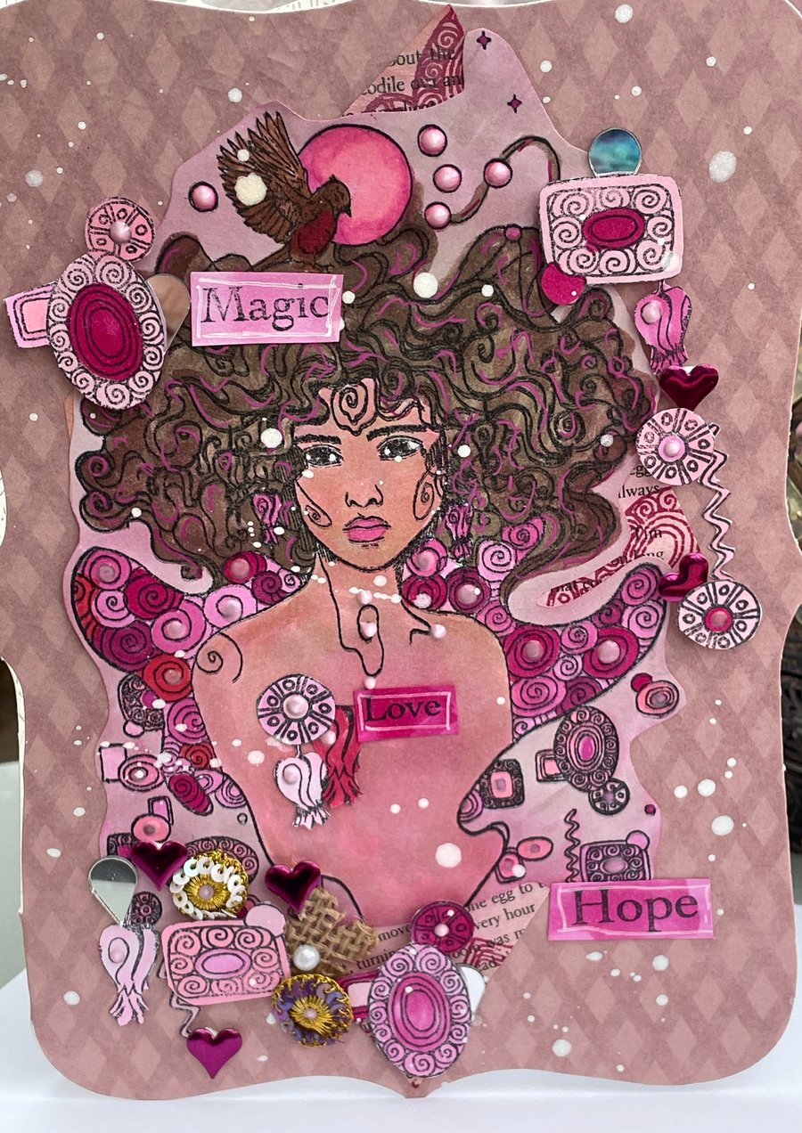 Hope, love, magic wild haired girl greetings card