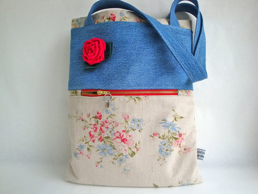 SALE Linen and Denim Tote Bag - Shabby chic linen rose 