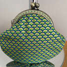 Clasp Purse in a Blue, Green & Gold Scale Designed Fabric.
