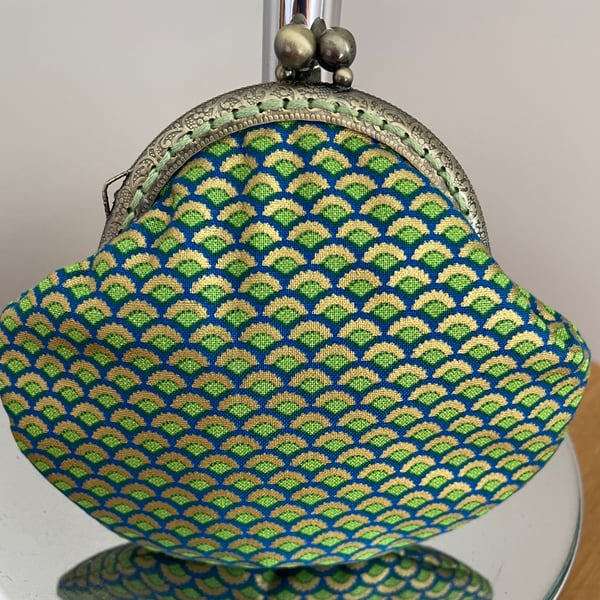 Clasp Purse in a Blue, Green & Gold Scale Designed Fabric.