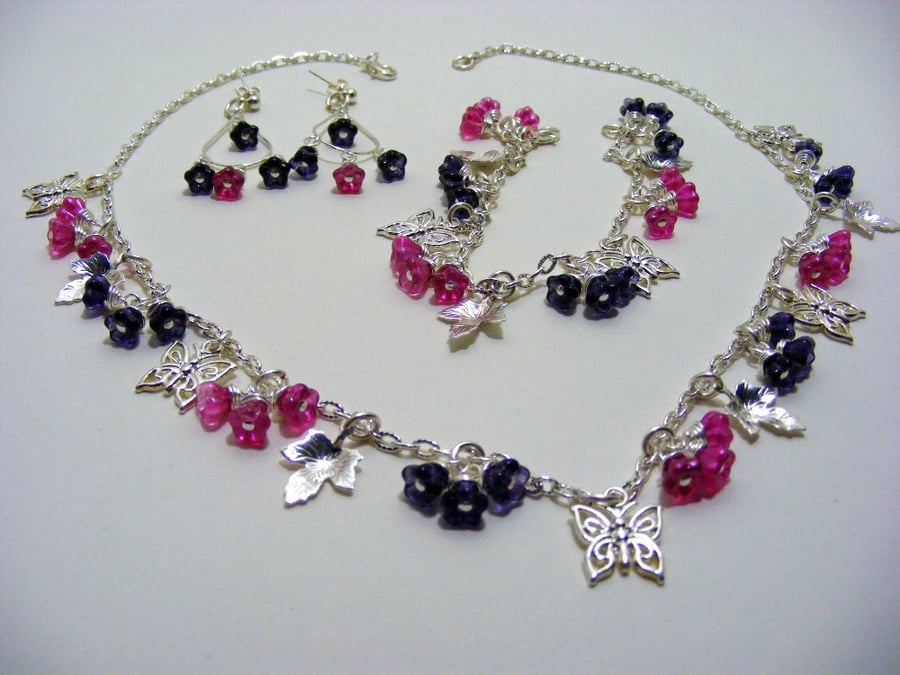 Silver Purple and Pink Flower Jewellery Set