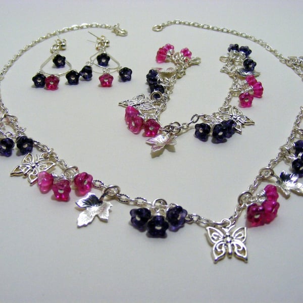 Silver Purple and Pink Flower Jewellery Set