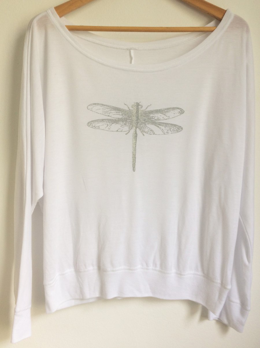 Dragonfly  womens white  long sleeve T shirt silver dragonfly print