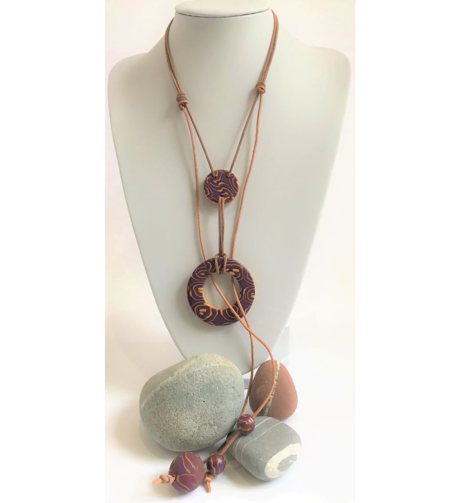Glitter Gold, Maroon & Plum, Handmade Polymer Clay & Leather Lariat Necklace