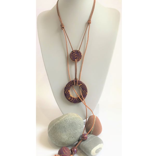 Glitter Gold, Maroon & Plum, Handmade Polymer Clay & Leather Lariat Necklace