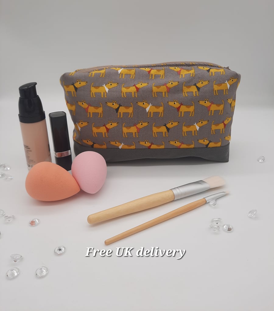 Makeup bag,  boxed shape, yellow dogs on grey, denim bottom.
