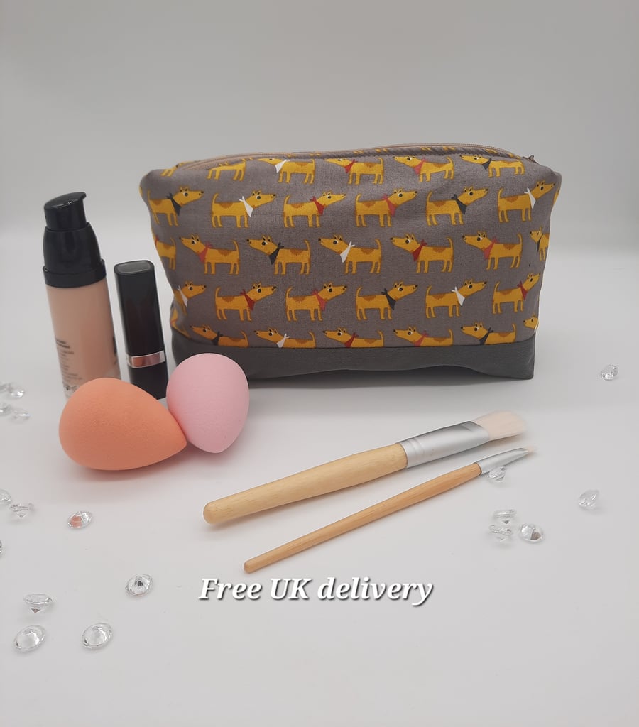 Makeup bag,  boxed shape, yellow dogs on grey, denim bottom. Sale 
