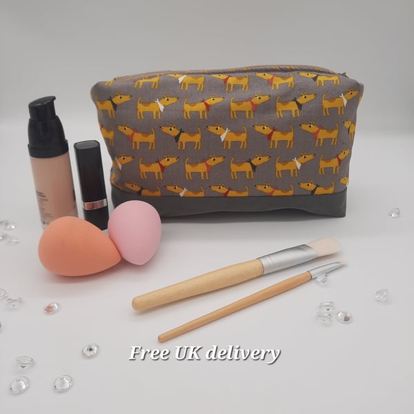 Makeup bag,  boxed shape, yellow dogs on grey, denim bottom.