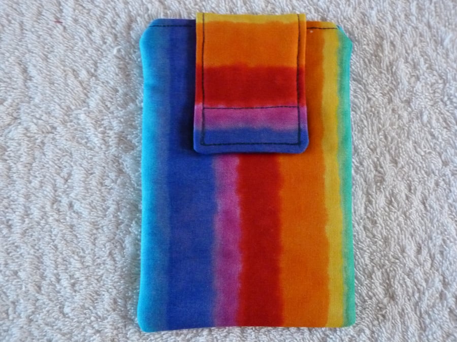 Mobile Phone Cover in Rainbow Stripe Cotton Fabric. Suitable larger sized Phones