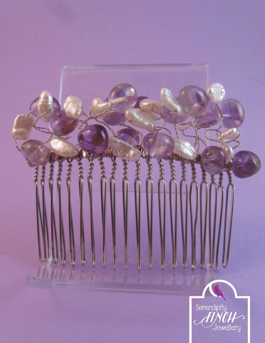 Purple Amethyst and White Pearl Hair Comb