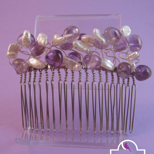 Purple Amethyst and White Pearl Hair Comb