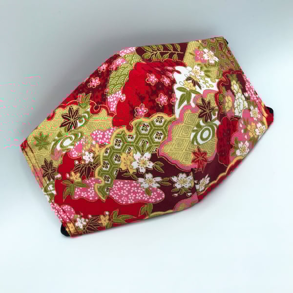 Gold and Red Fans Japanese Triple Layer, Double Sided, Reusable Face Mask