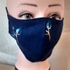 Handmade 3 layers dark blue with 2 flowers reusable adult face mask.