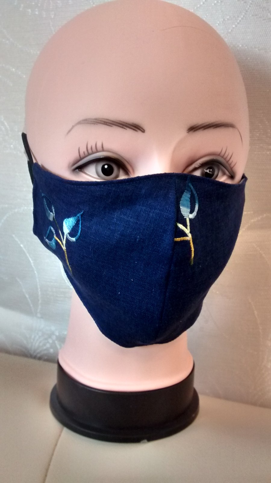 Handmade 3 layers dark blue with 2 flowers reusable adult face mask.
