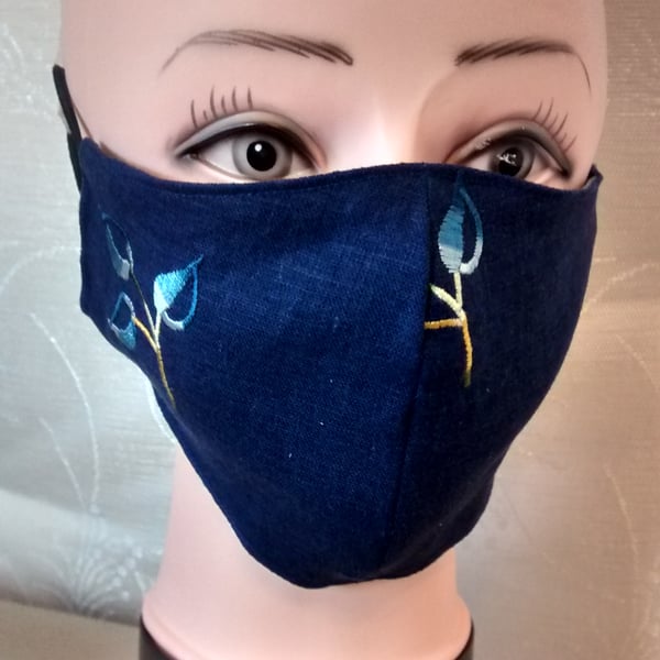 Handmade 3 layers dark blue with 2 flowers reusable adult face mask.
