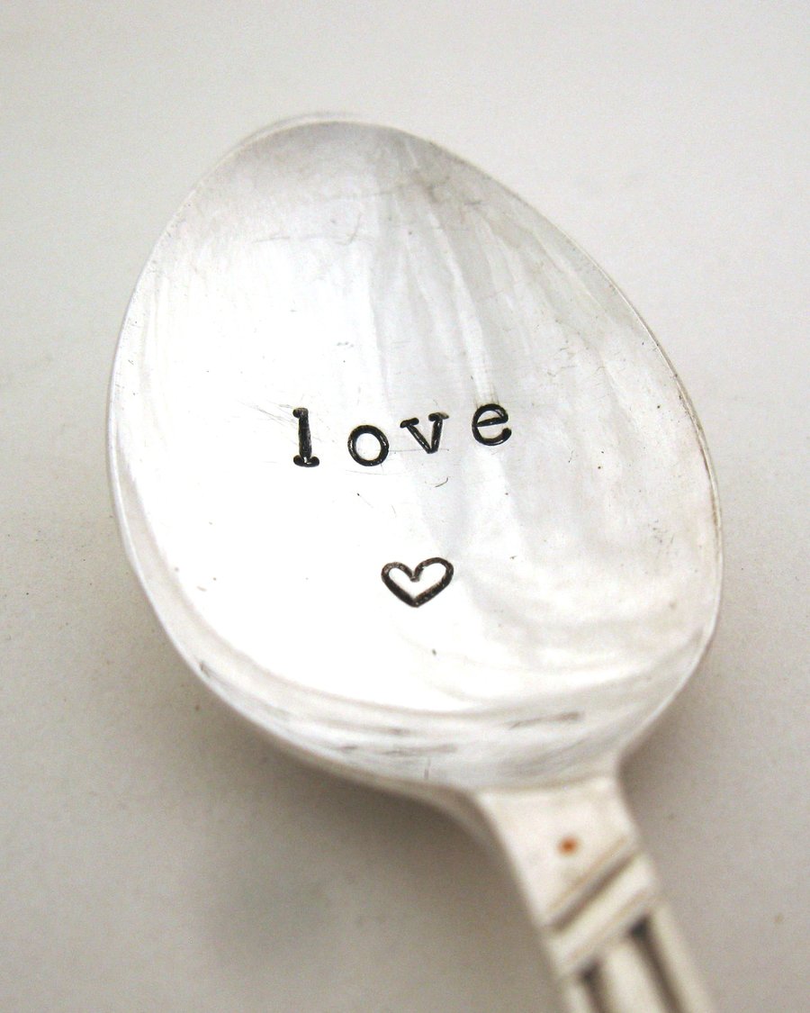Handstamped vintage coffeespoon with heart, love, floral spoon