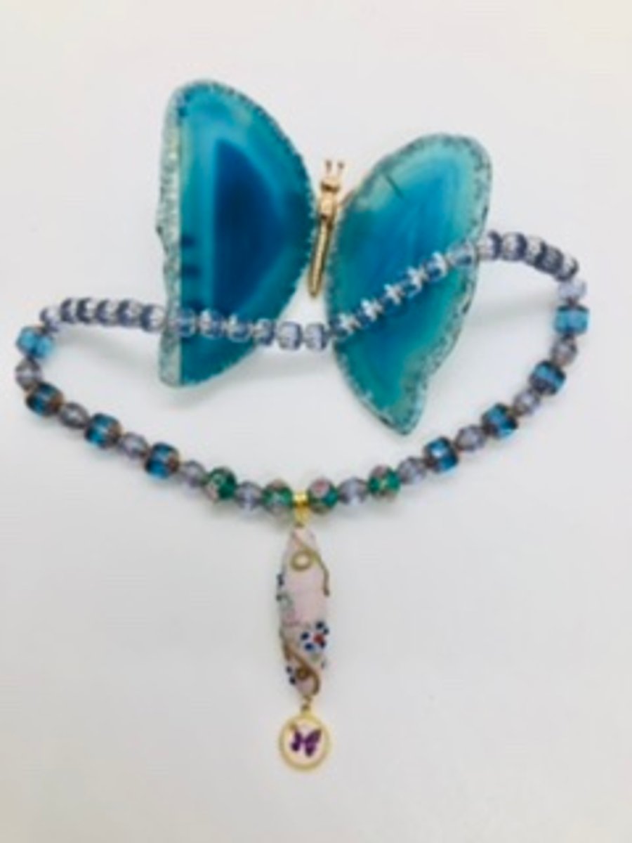 Lampworth & Czech beaded necklace with stunning pendant & butterfly Cabochan 