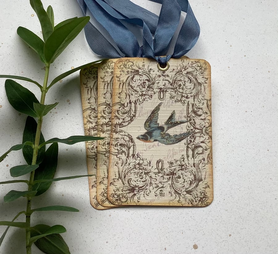 GIFT TAGS, Vintage -style. ( set of 3) ' Bird in Flight'..ready to ship...